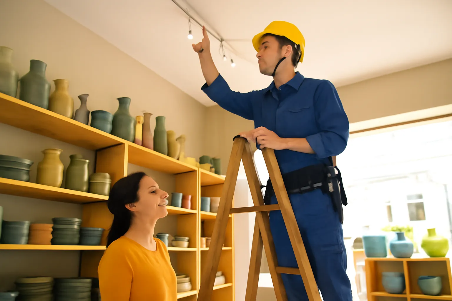 Thợ điện đứng thang chỉnh đèn rọi trên trần tiệm gốm, chủ tiệm đứng nhìn lên