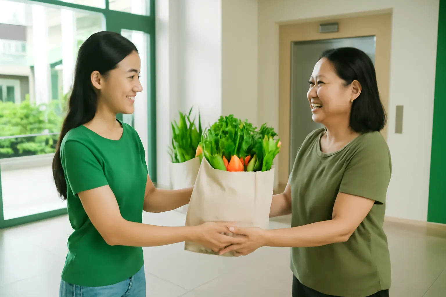 Cô gái trẻ giao túi rau cho người hàng xóm ở sảnh chung cư sáng sủa