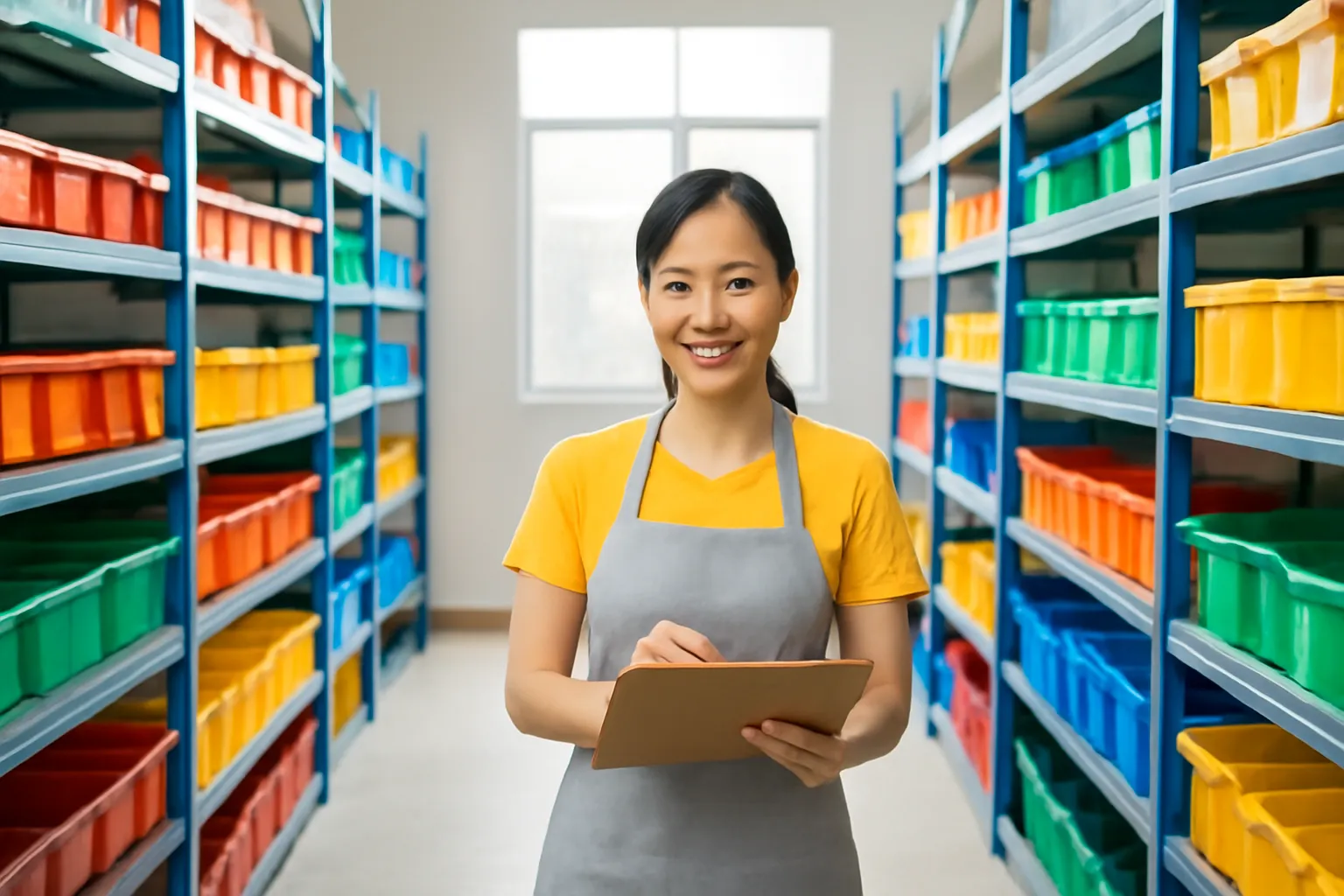 Cô chủ đứng giữa các kệ kho có ngăn đánh dấu màu, cầm bảng kẹp giấy