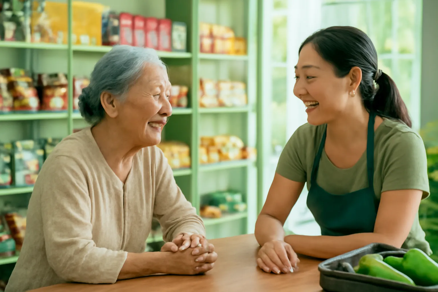 Bà cụ trò chuyện vui vẻ với cô chủ tiệm tạp hoá qua quầy buổi sáng
