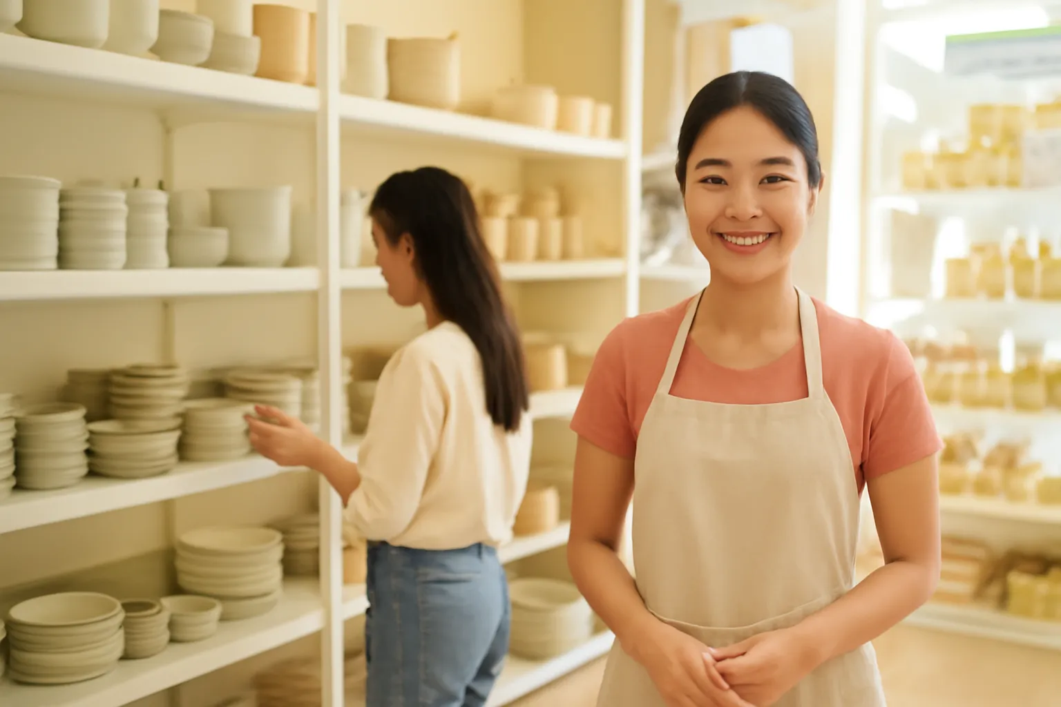 Nhân viên đứng xa mỉm cười trong khi khách tự xem kệ đồ gia dụng