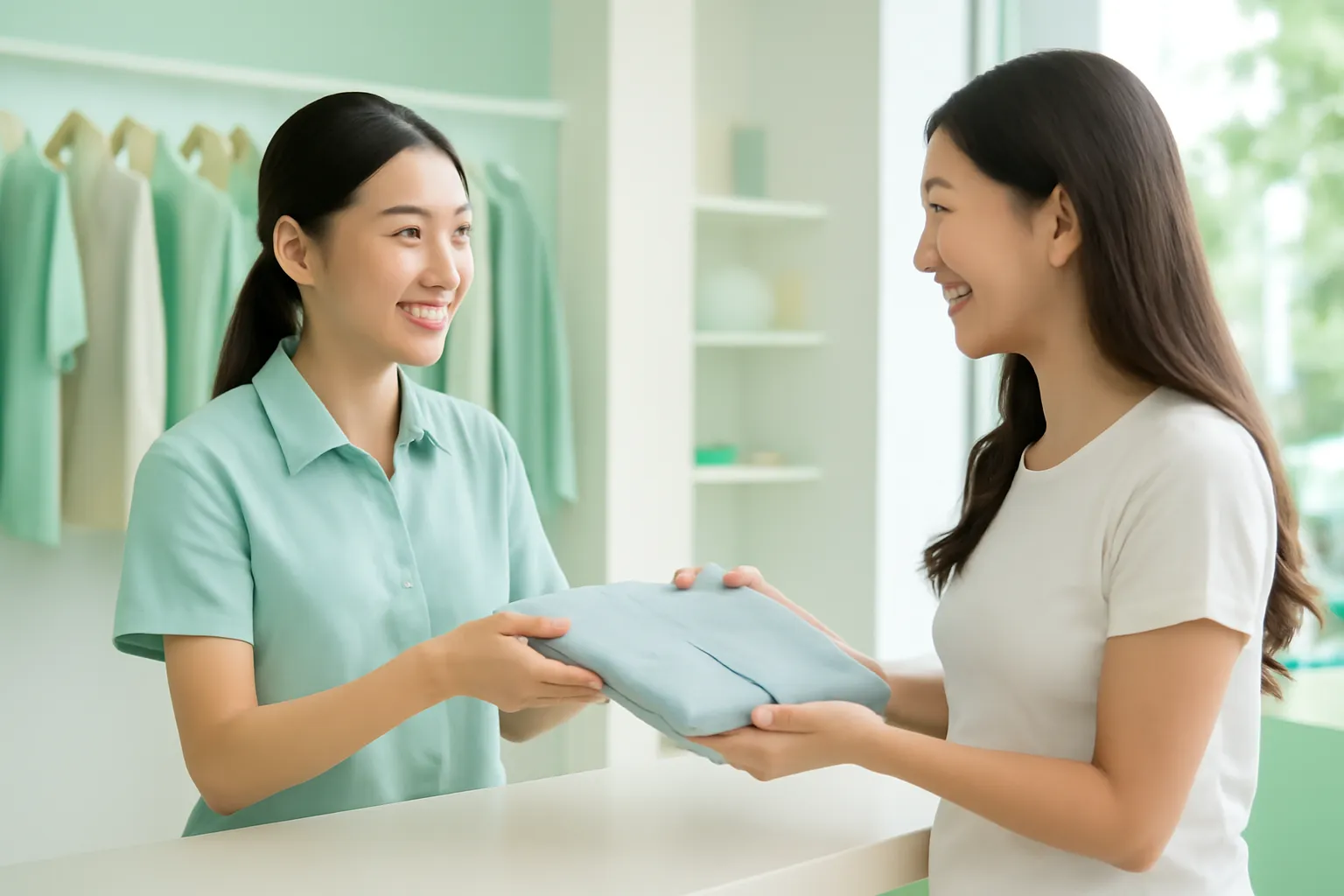 Cô bán hàng nhận lại chiếc áo từ khách tại quầy, cả hai cùng mỉm cười