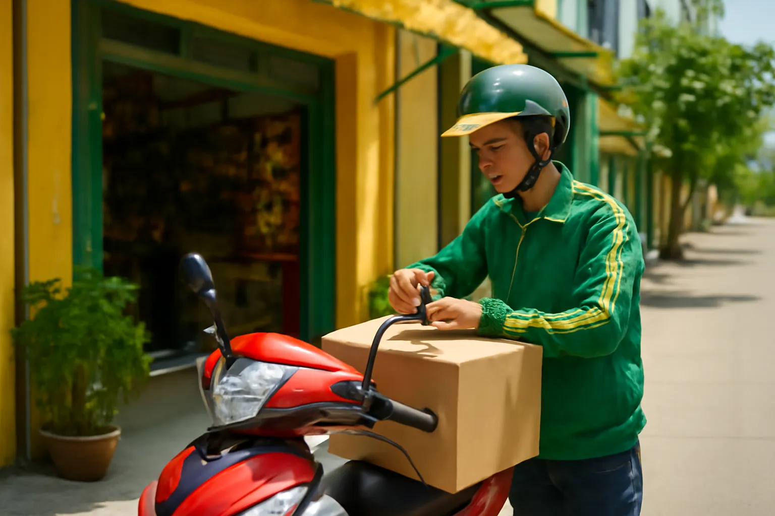 Người giao hàng buộc thùng hàng lên xe máy trước cửa tiệm dưới nắng trưa