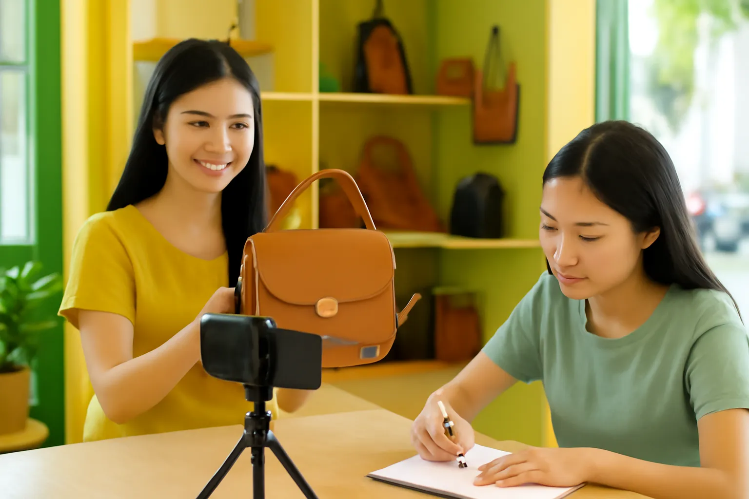Một người nói trước máy quay, người kia ngồi phía sau ghi đơn vào sổ