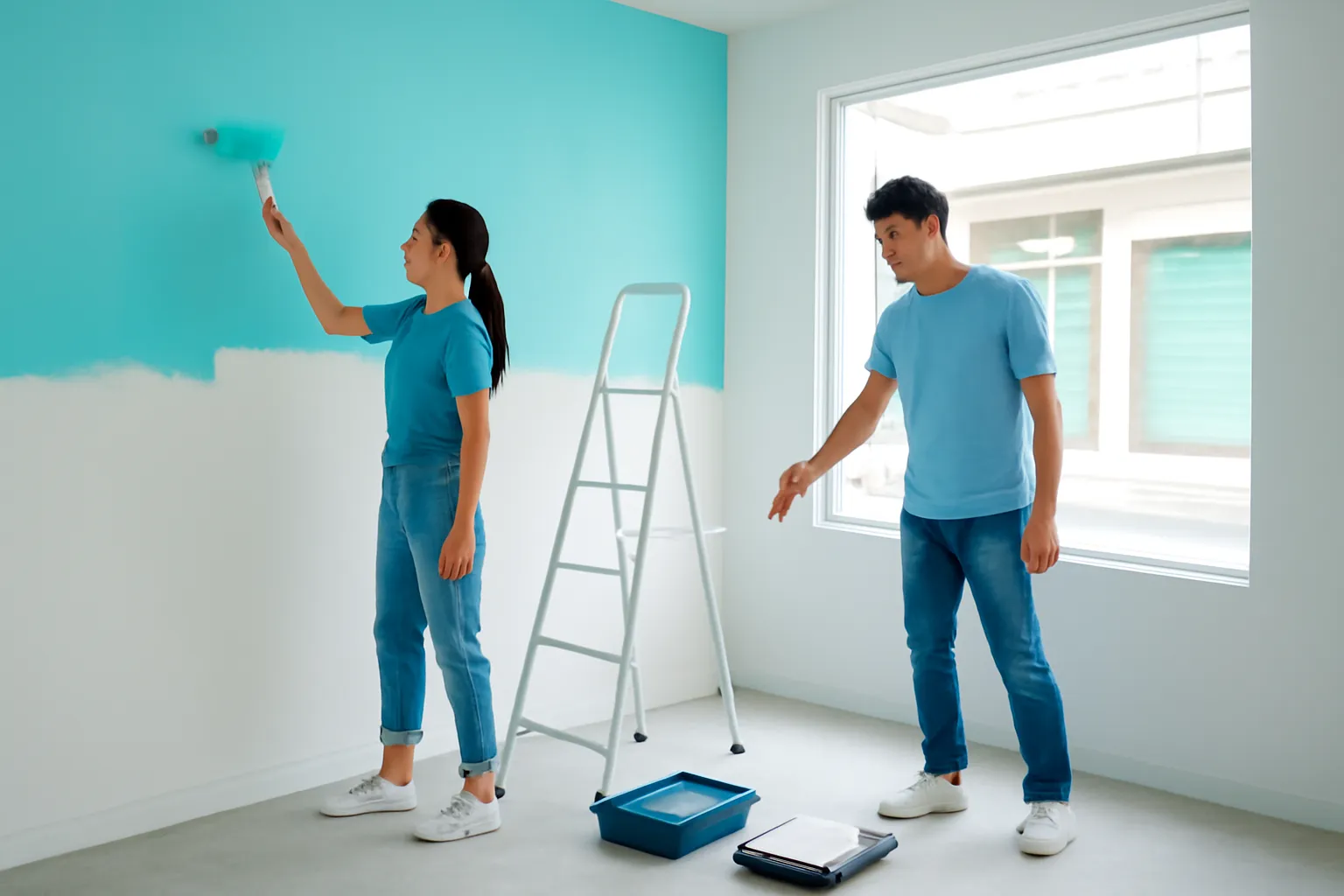 Đôi vợ chồng trẻ sơn tường trong mặt bằng trống chuẩn bị mở cửa hàng