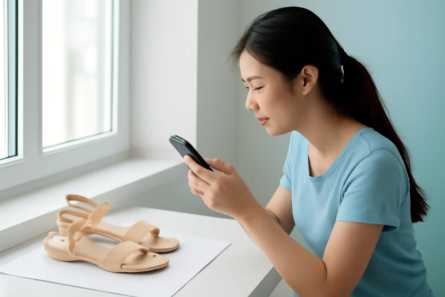 Cô gái chụp ảnh đôi dép đặt trên tấm bìa trắng cạnh cửa sổ bằng điện thoại