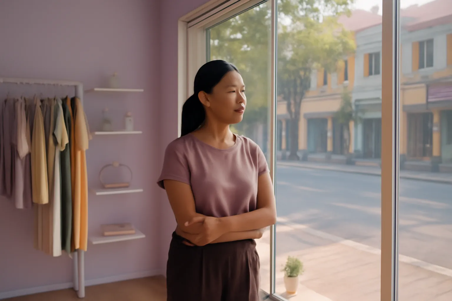 Người phụ nữ đứng trước tiệm vắng cửa kính sáng, nhìn ra phố buổi chiều