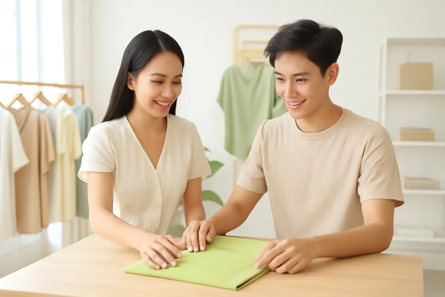 Chị chủ tiệm chỉ cho cậu nhân viên mới cách gấp áo trên bàn trưng bày