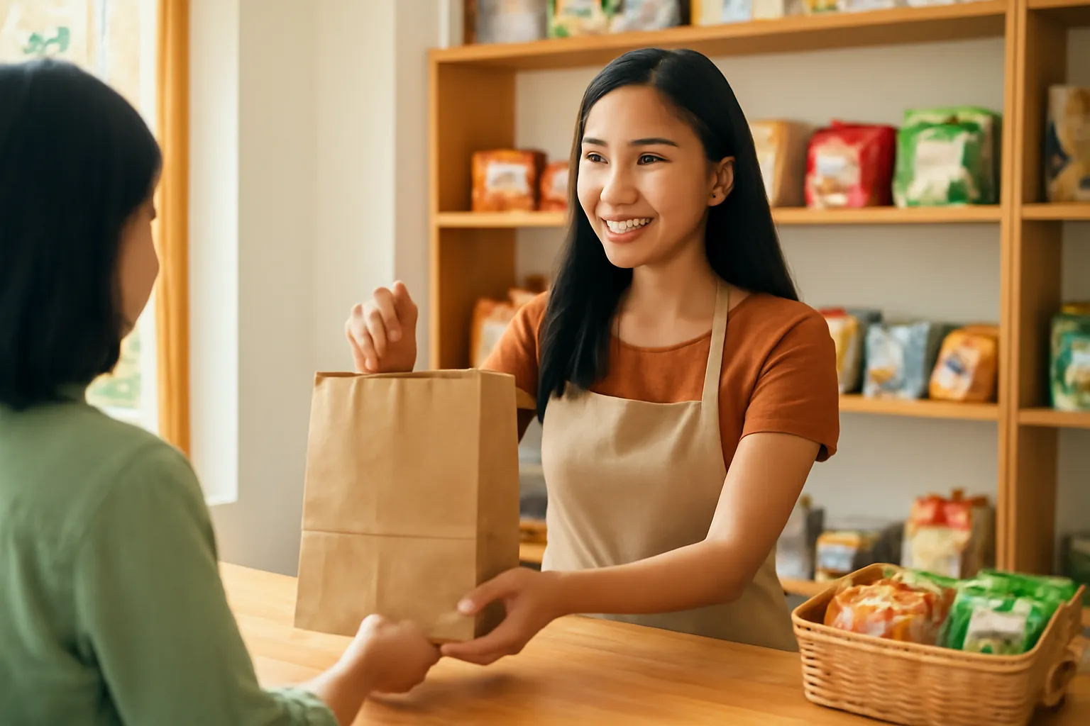 Cô bán hàng mỉm cười đưa túi hàng cho khách qua quầy thu ngân gỗ sáng màu