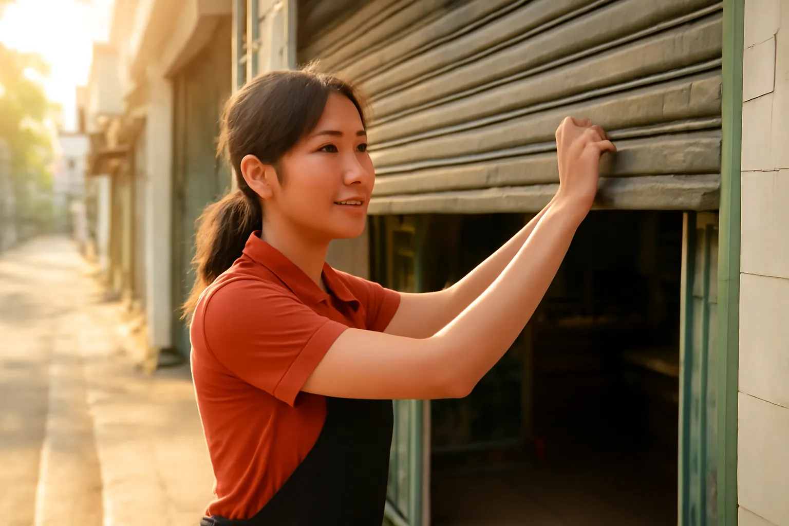 Cô nhân viên tự kéo cửa cuốn mở tiệm vào buổi sáng sớm đầy nắng