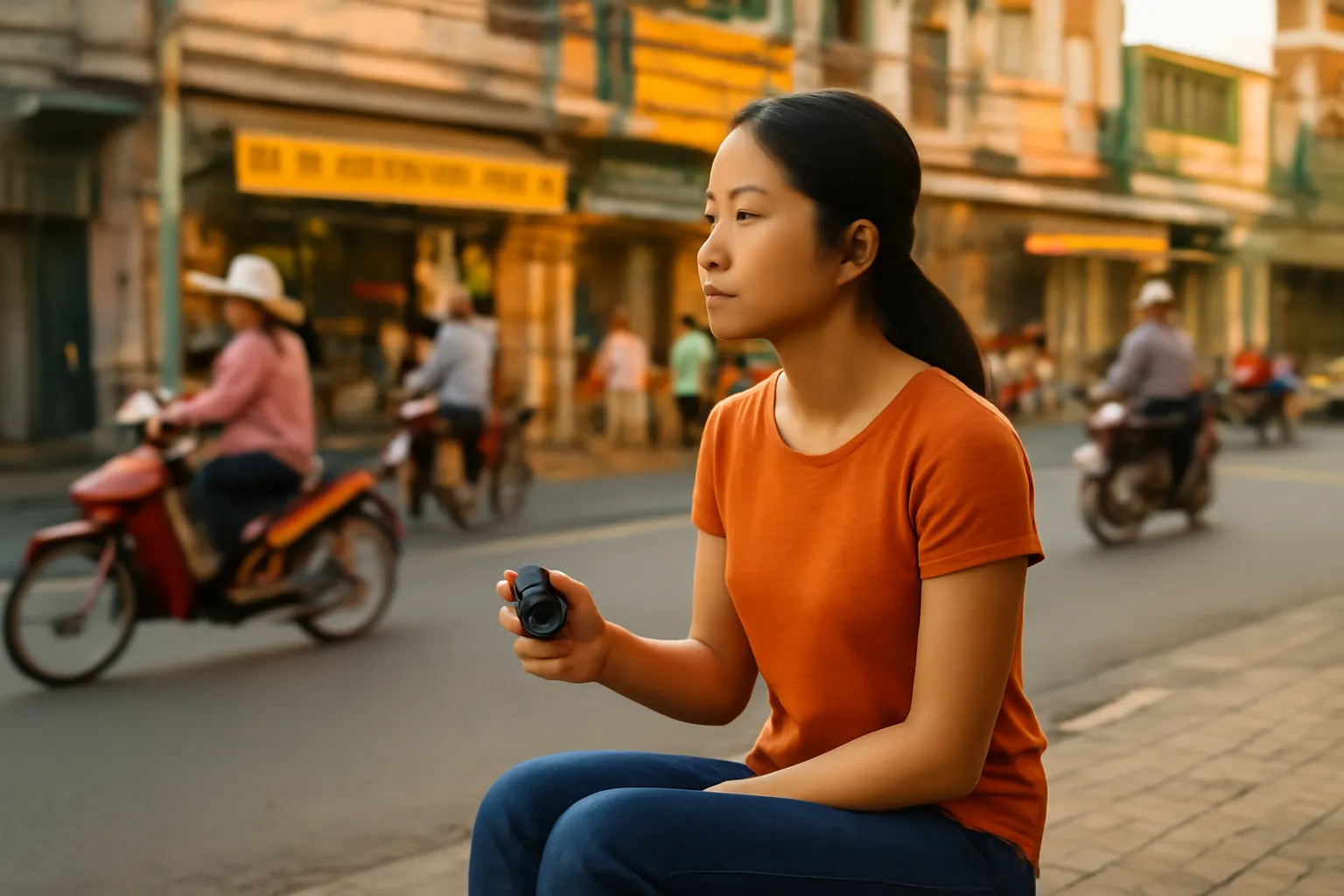 Cô gái ngồi ghế nhựa bên đường cầm máy đếm tay nhìn dòng người qua lại buổi sáng