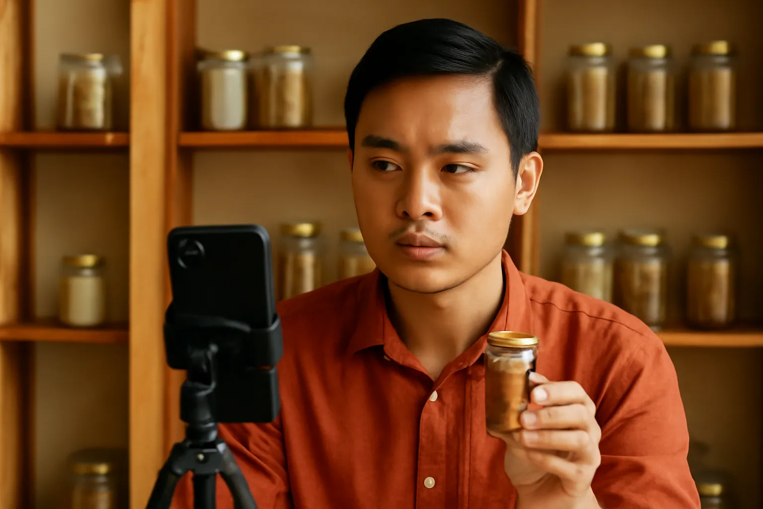 Anh bán hàng cầm hũ gia vị không nhãn trước điện thoại, vẻ mặt nghiêm túc