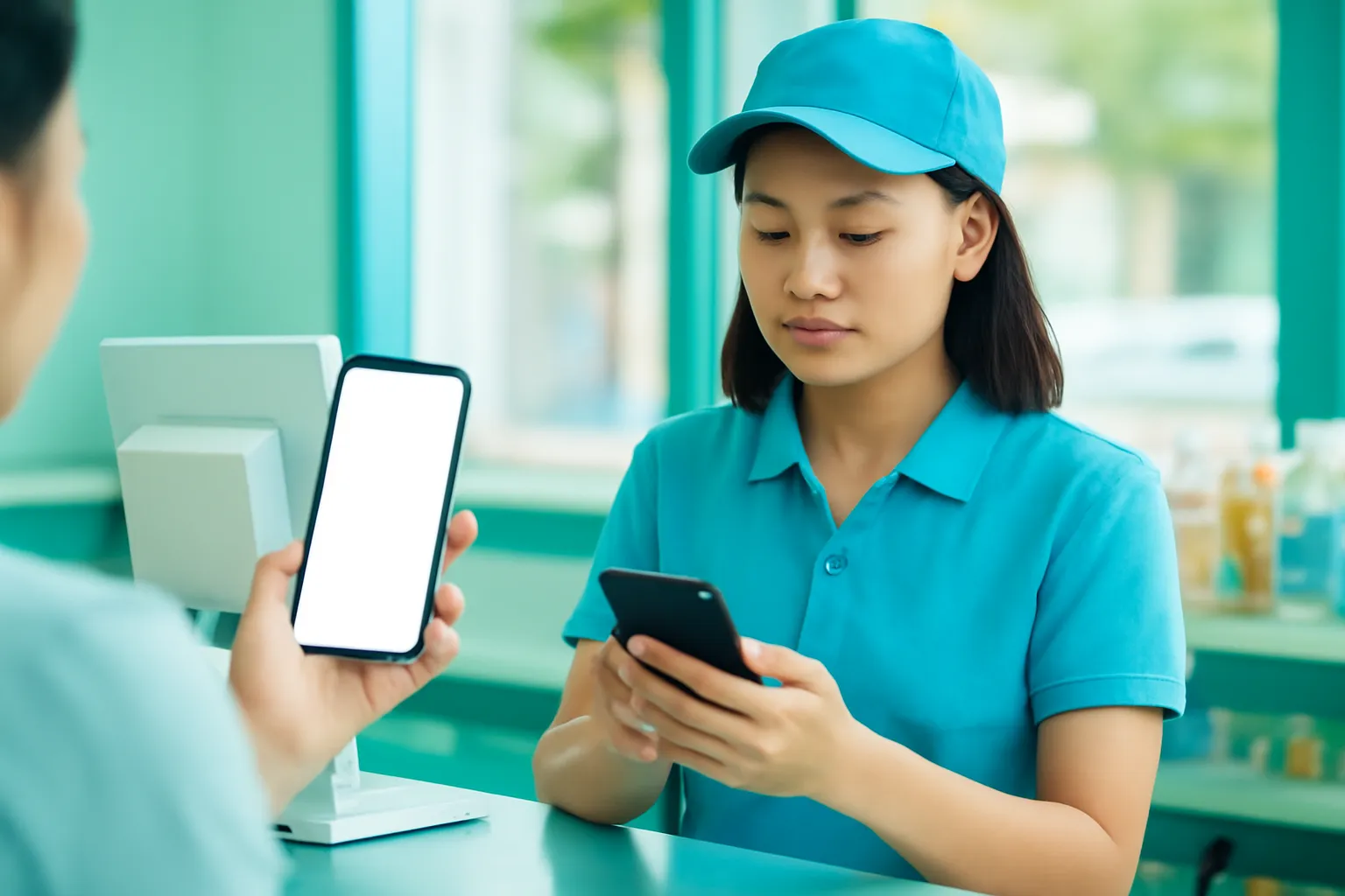 Khách giơ điện thoại quay đi trước quầy, cô thu ngân nhìn vào điện thoại của mình