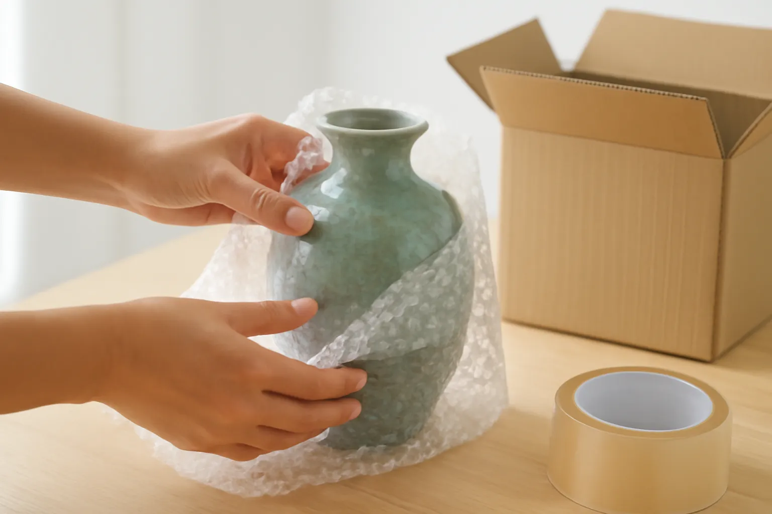 Bàn tay quấn màng xốp hơi quanh bình gốm trên bàn gỗ sáng