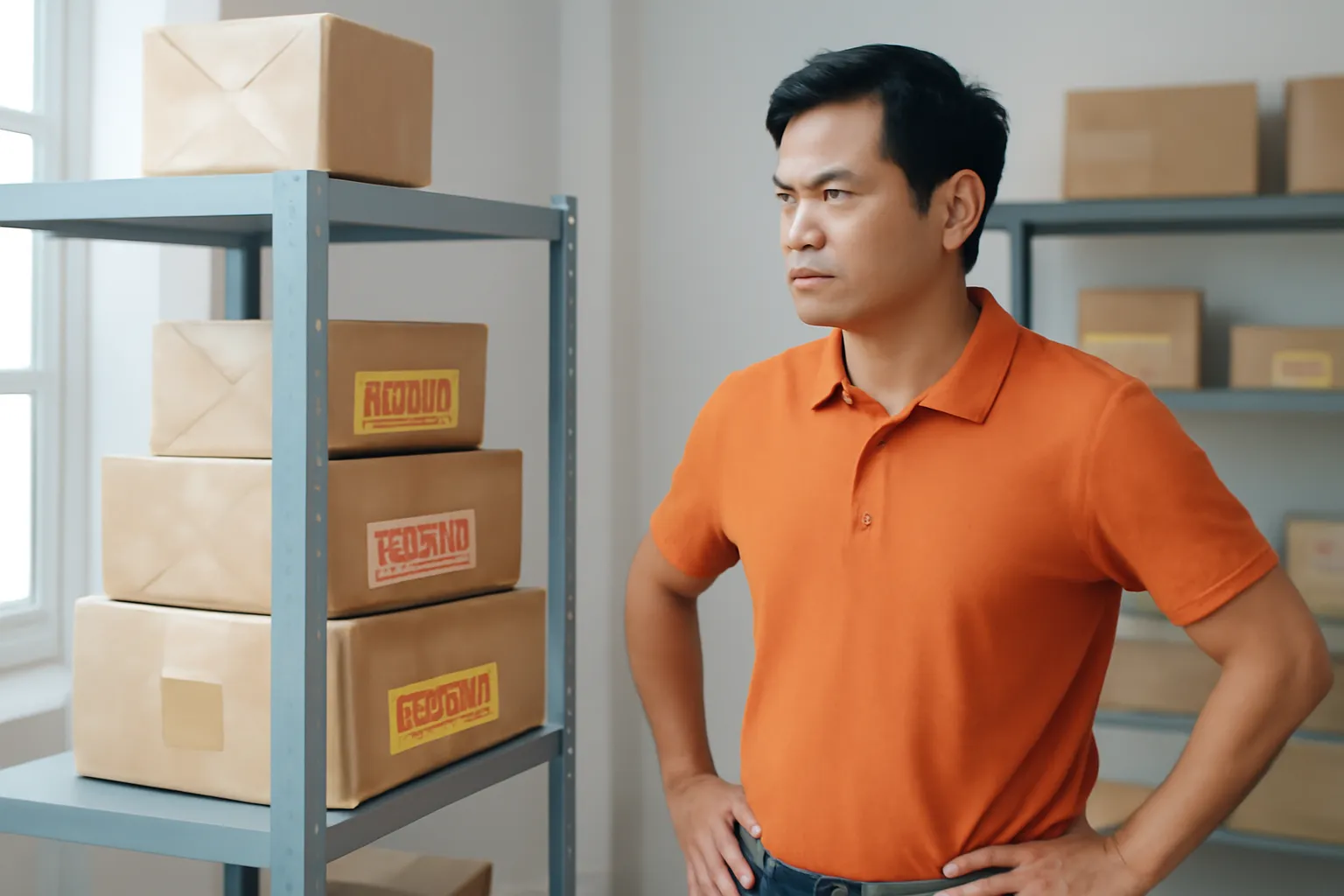 Chủ tiệm đứng chống hông nhìn chồng hộp hàng bị trả về trên kệ