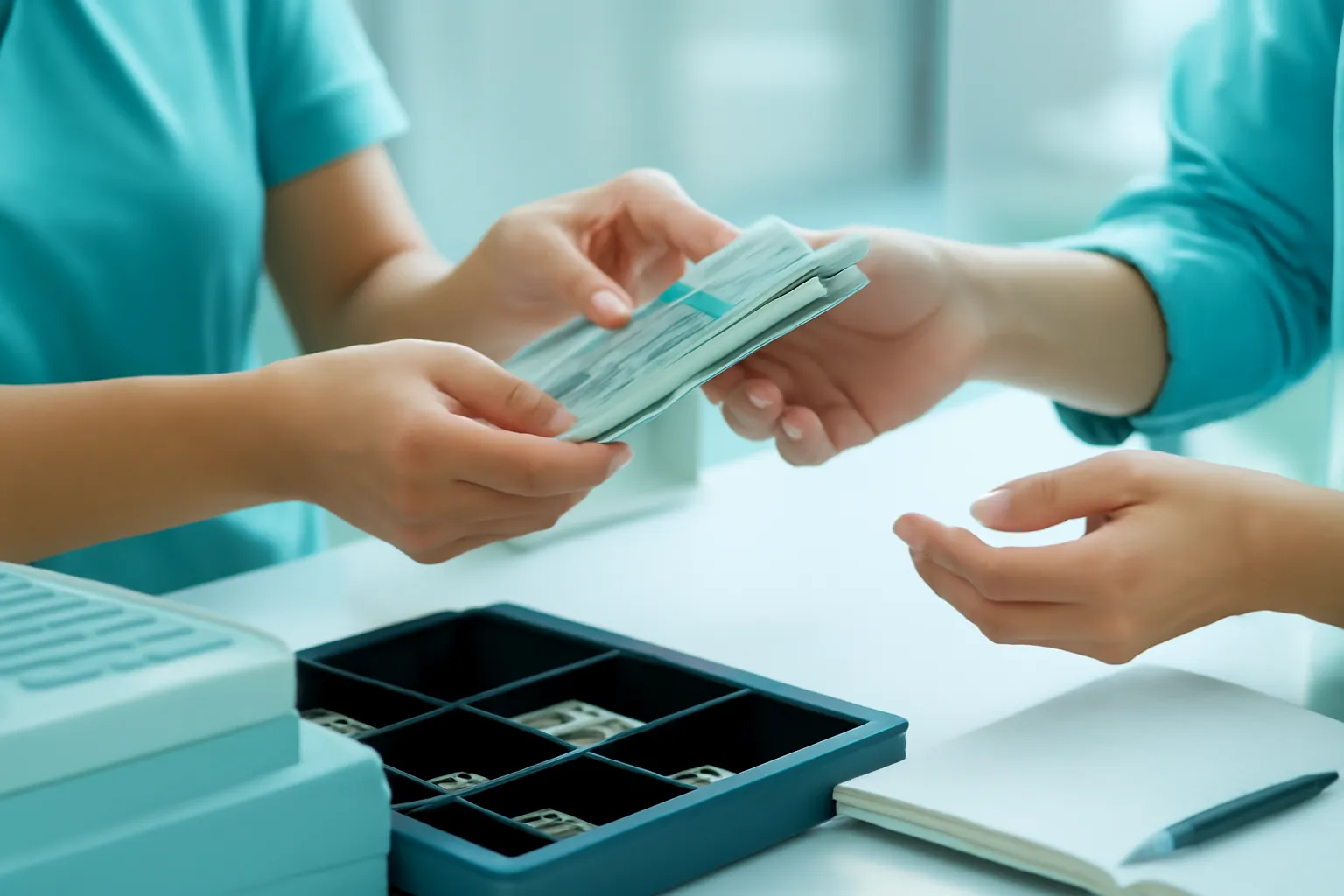Hai nhân viên cùng đếm tiền ở quầy thu ngân khi giao ca, tiền giấy mờ