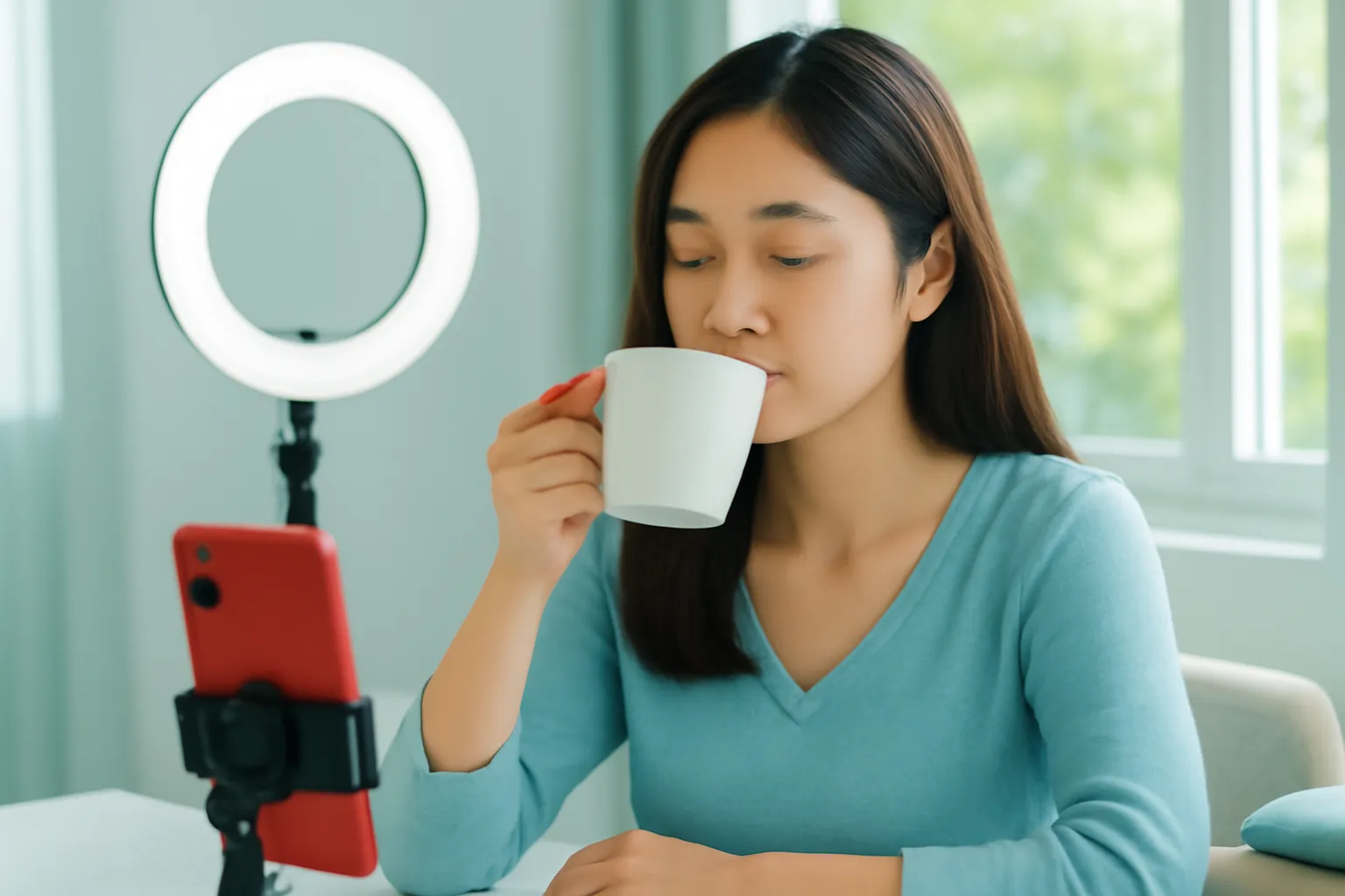 Cô bán hàng nghỉ giữa phiên phát trực tiếp, uống cốc nước ấm cạnh cửa sổ