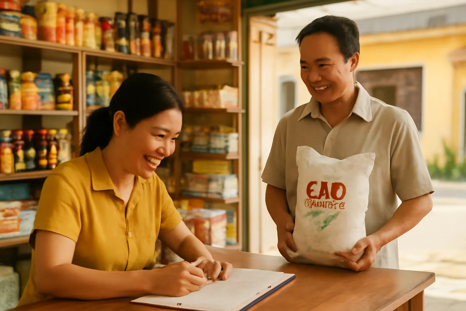 Cô chủ tiệm tạp hoá ở thị trấn ghi sổ nợ, người đàn ông cầm túi gạo đứng chờ