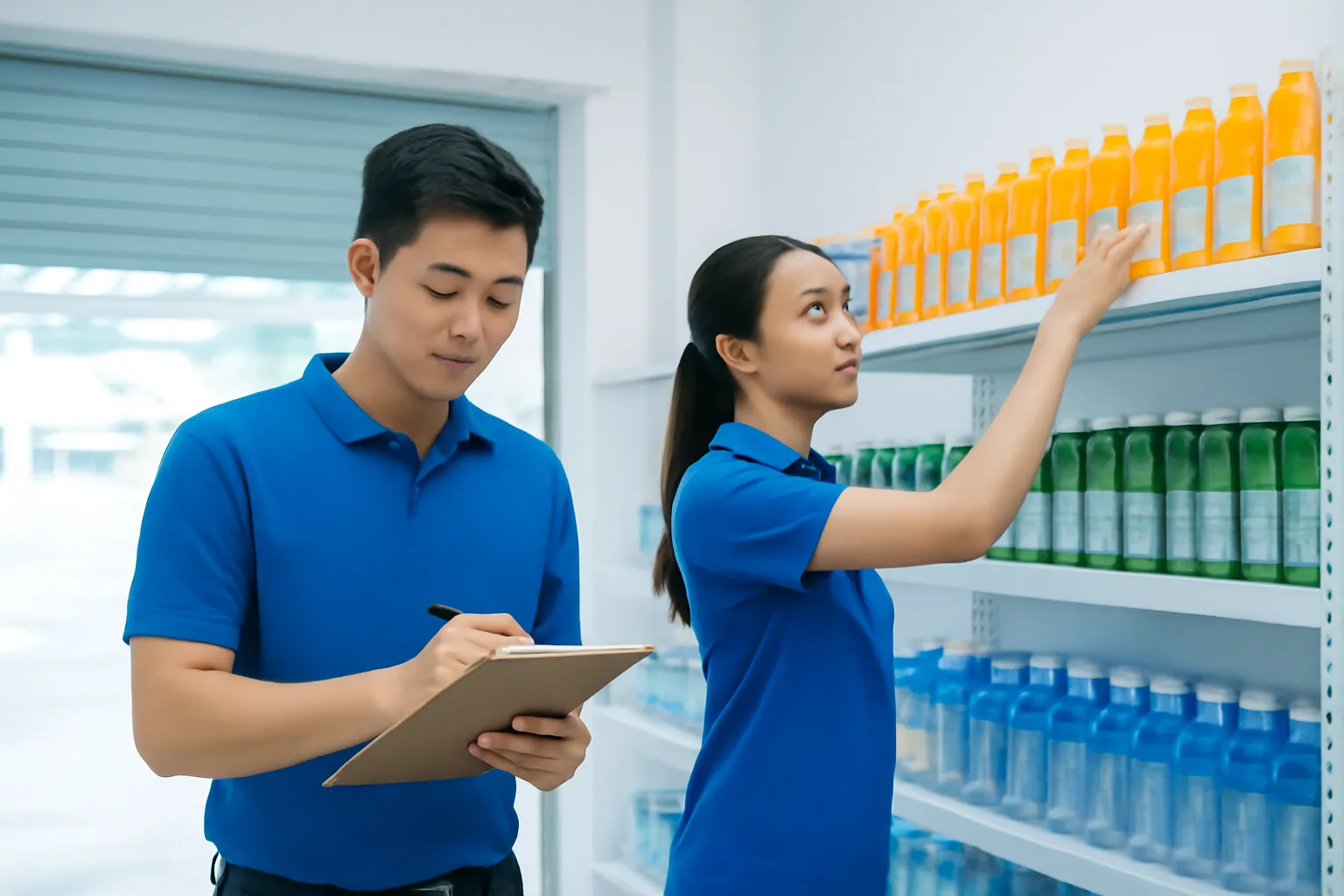 Hai nhân viên đếm hàng trên kệ sau giờ đóng cửa, một người cầm bảng kẹp giấy ghi chép