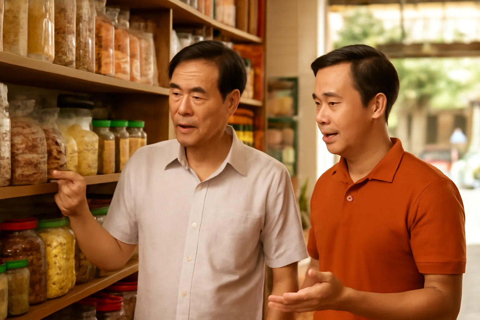 Người đàn ông trung niên xem kệ hàng trong tiệm tạp hoá, chủ tiệm cũ đứng cạnh