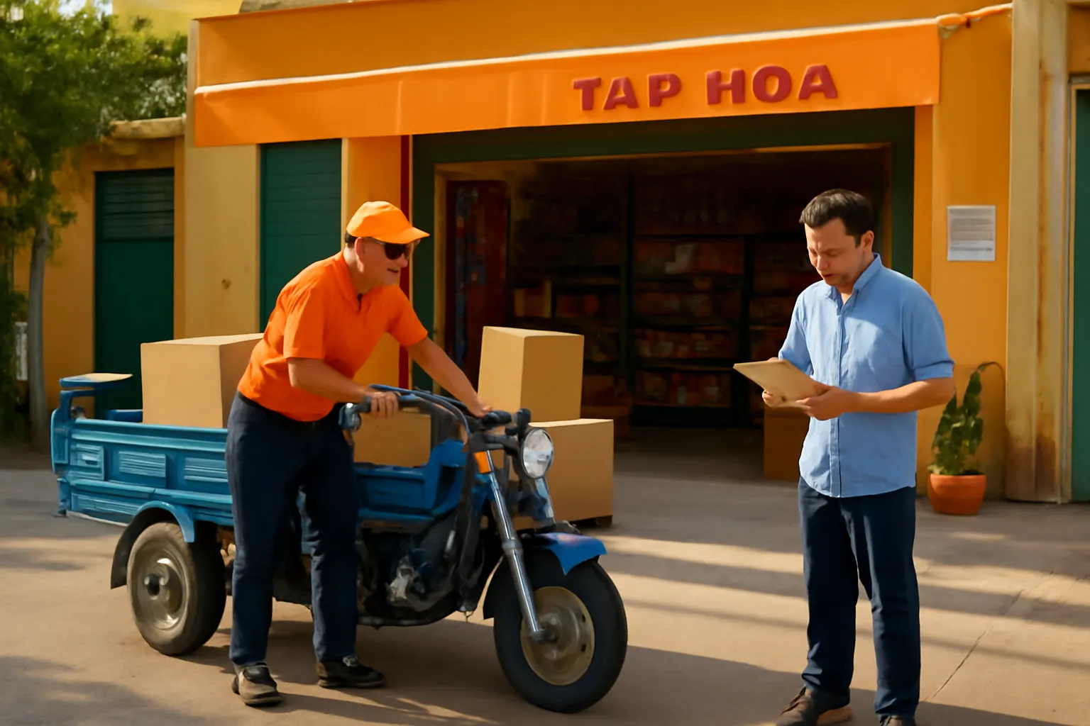 Người giao hàng dỡ thùng từ xe ba gác trước cửa tiệm, chủ tiệm ký nhận hàng