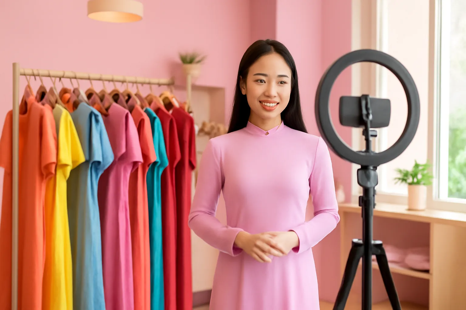 Chị bán quần áo đứng trước điện thoại gắn chân máy và đèn vòng, móc treo đồ bên cạnh