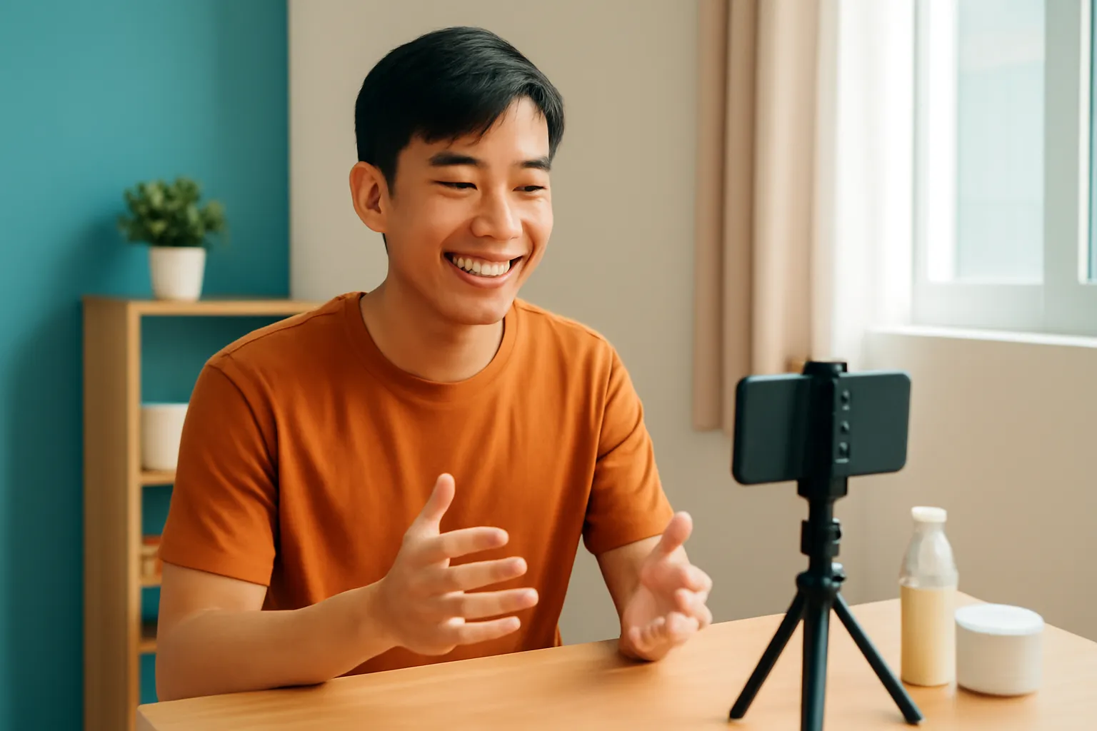 Chàng trai ngồi một mình trước điện thoại trên chân máy, vừa cười vừa nói trong phòng nhỏ