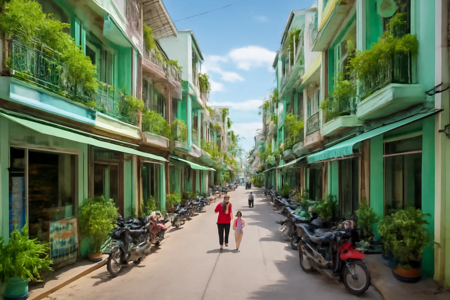 Con hẻm rộng nhiều nhà ống với dãy tiệm nhỏ mở cửa và xe máy đậu nhìn từ trên cao
