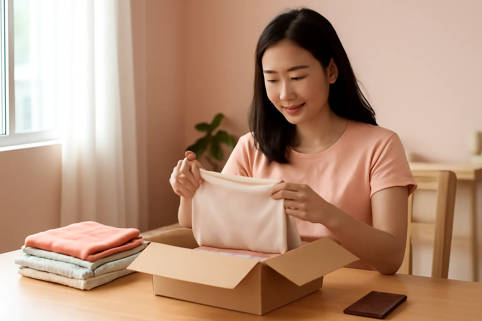Người phụ nữ đóng gói đơn hàng vào hộp giấy trên bàn ăn ở nhà, điện thoại úp bên cạnh