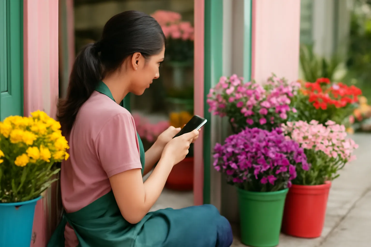 Cô gái ngồi bậc cửa tiệm hoa nhắn tin trên điện thoại quay đi, xung quanh là hoa tươi