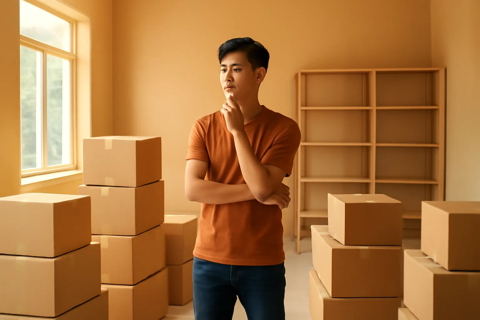 Chàng trai trẻ đứng giữa các thùng carton chưa mở trong cửa hàng mới sắp khai trương