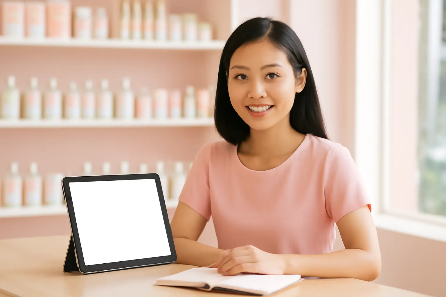Cô chủ tiệm mỹ phẩm ngồi quầy với máy tính bảng màn hình trống cạnh cuốn sổ bìa cứng