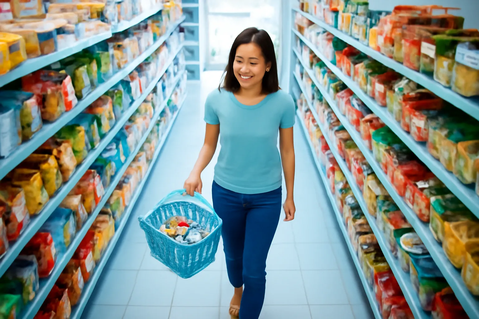 Lối đi giữa hai dãy kệ đầy hàng trong tiệm tạp hoá, người mẹ xách giỏ đi chọn đồ