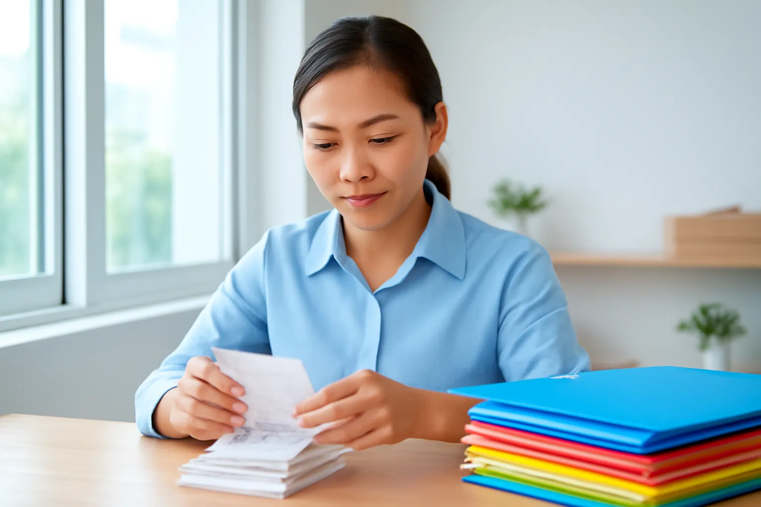 Chị chủ tiệm ngồi bàn gỗ cạnh cửa sổ sắp xếp tập hoá đơn và bìa hồ sơ