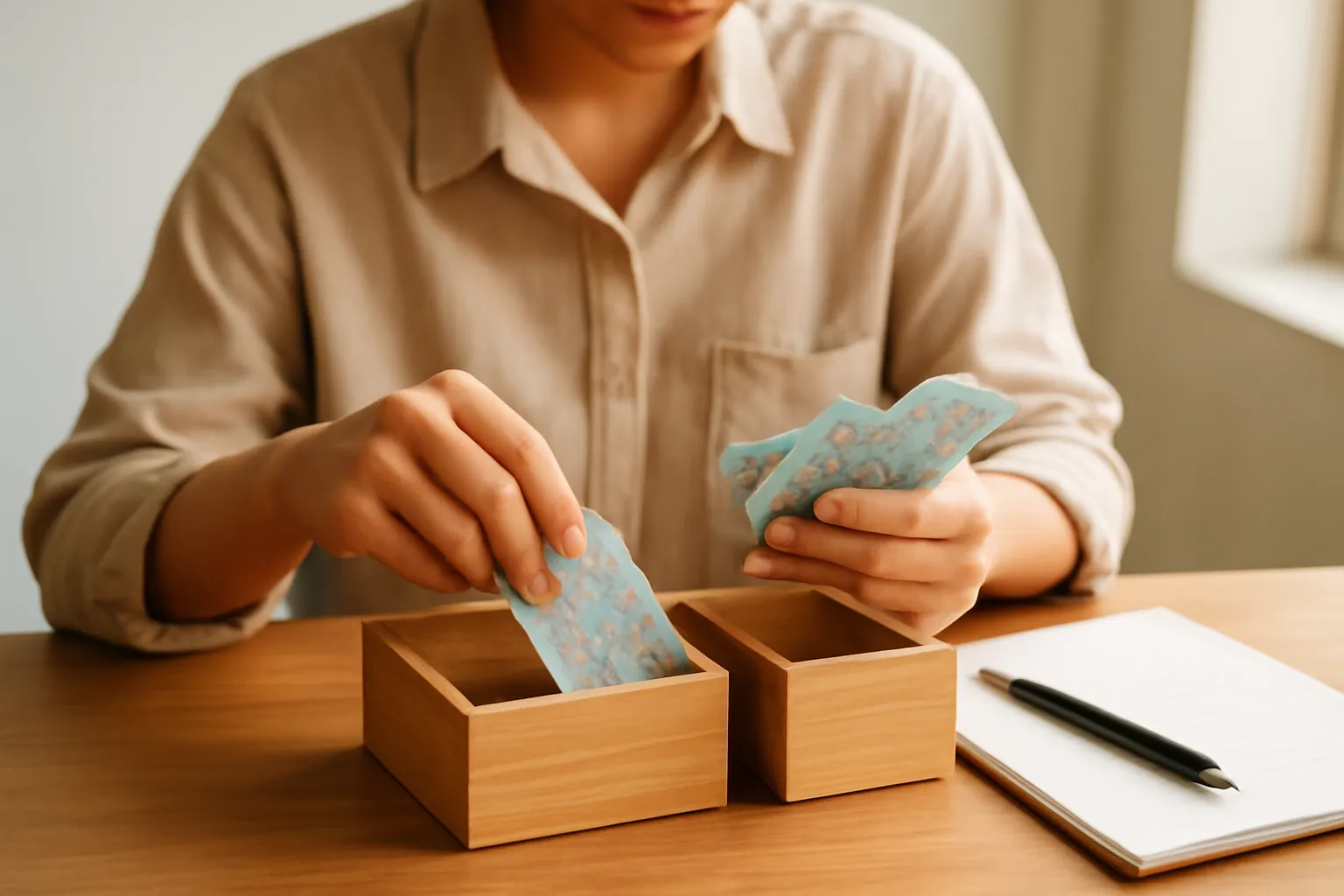Hai chiếc hộp gỗ nhỏ trên bàn, tay người phụ nữ chia tiền giấy mờ vào từng hộp