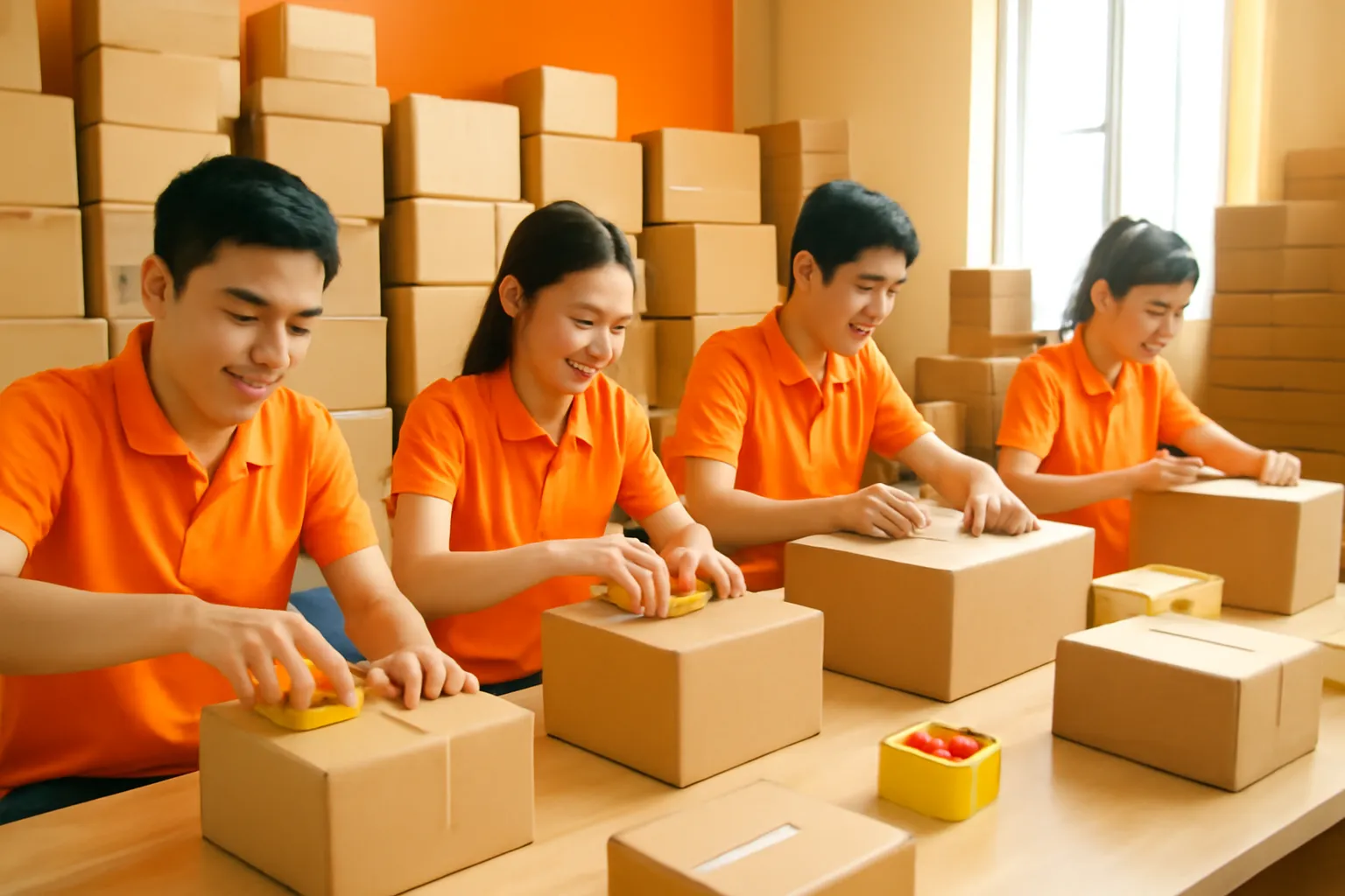 Nhóm bốn người đóng gói hàng tất bật trong kho nhỏ sáng đèn