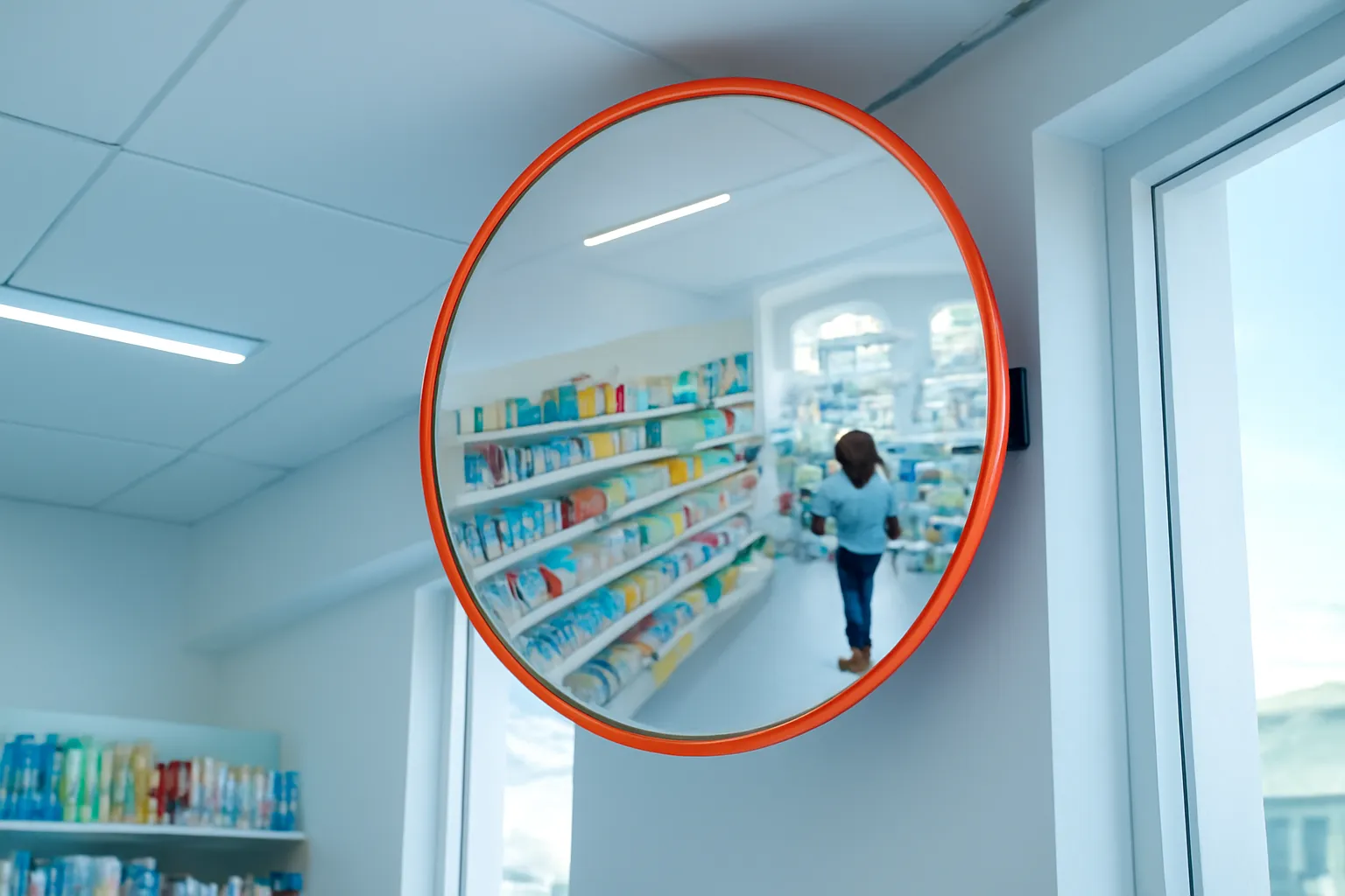 Góc cửa hàng có gương cầu lồi trên trần, khách đang chọn hàng phía dưới
