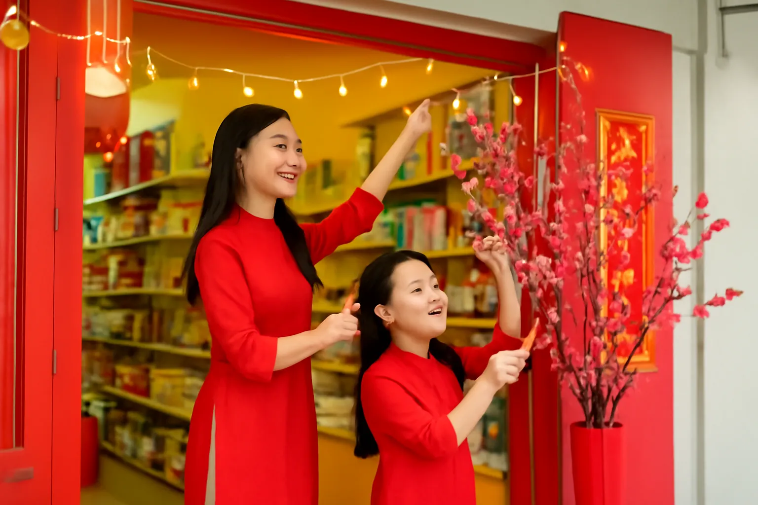 Hai chị em treo dây đèn và cành đào trang trí Tết ở cửa tiệm văn phòng phẩm