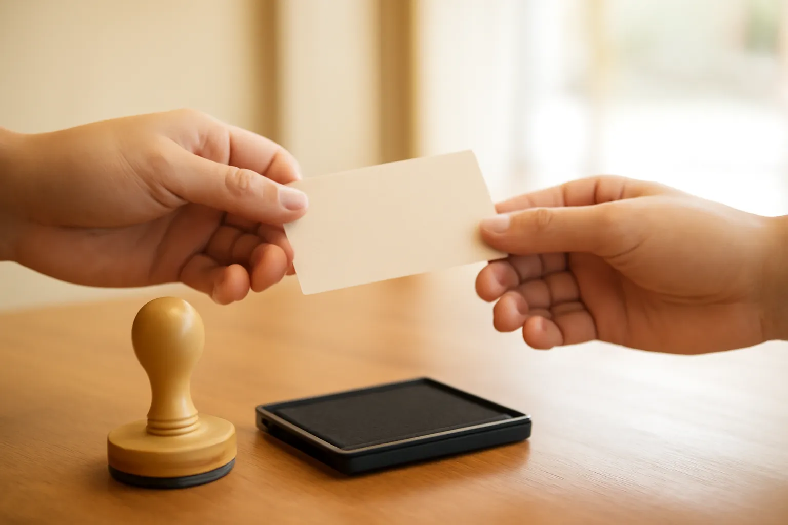 Bàn tay đưa tấm thẻ giấy trơn tích điểm qua quầy gỗ cho khách