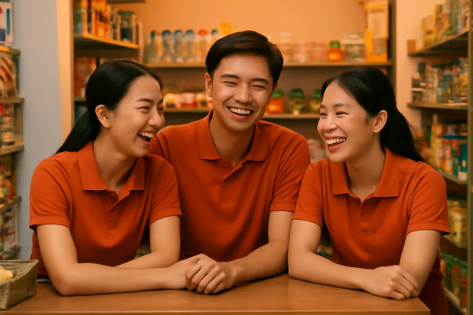 Ba nhân viên cửa hàng đứng cười vui bên quầy sau giờ đóng cửa dưới ánh đèn ấm