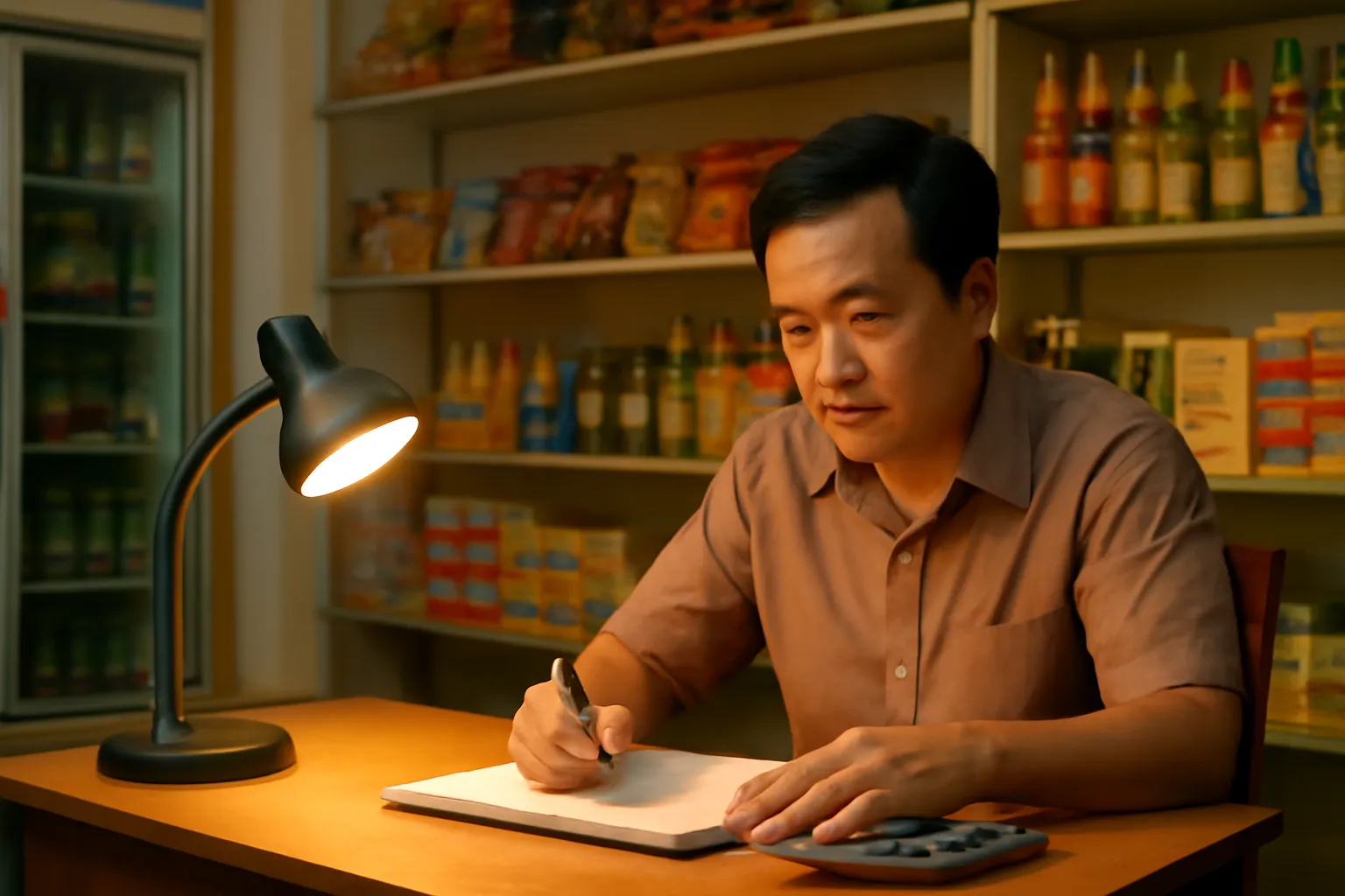 Người đàn ông ngồi tính sổ trong tiệm đã đóng cửa buổi tối dưới đèn bàn