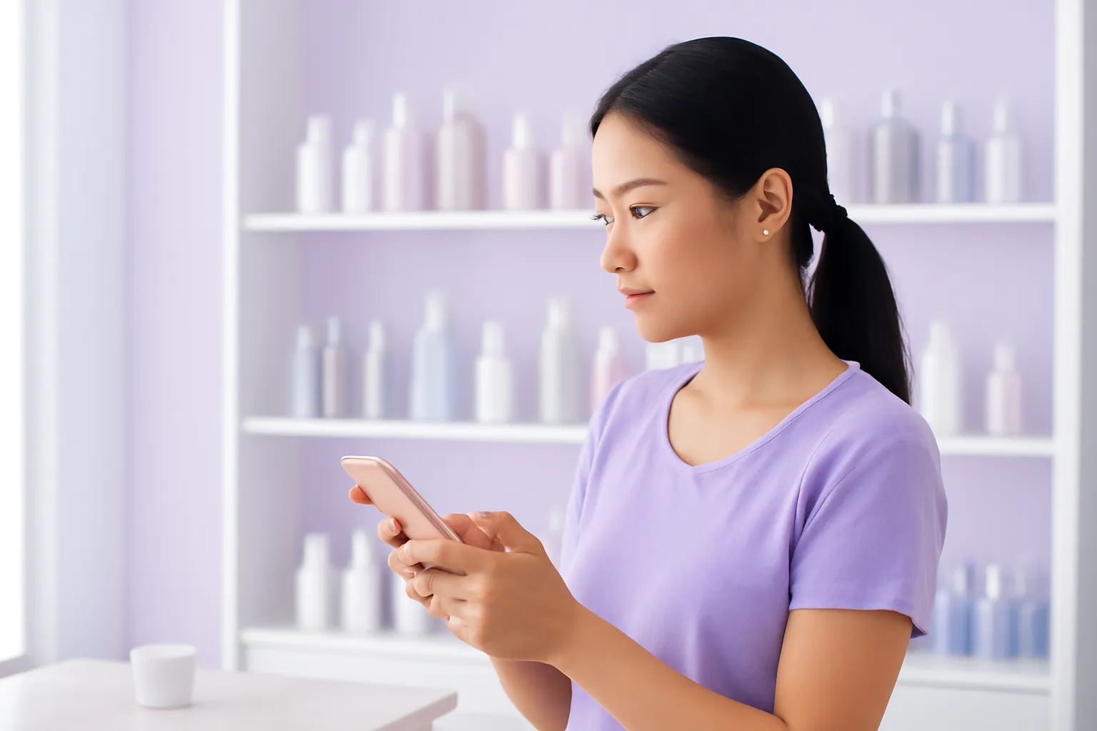 Chị bán hàng đứng quầy trả lời tin nhắn, điện thoại quay đi, kệ mỹ phẩm mờ phía sau