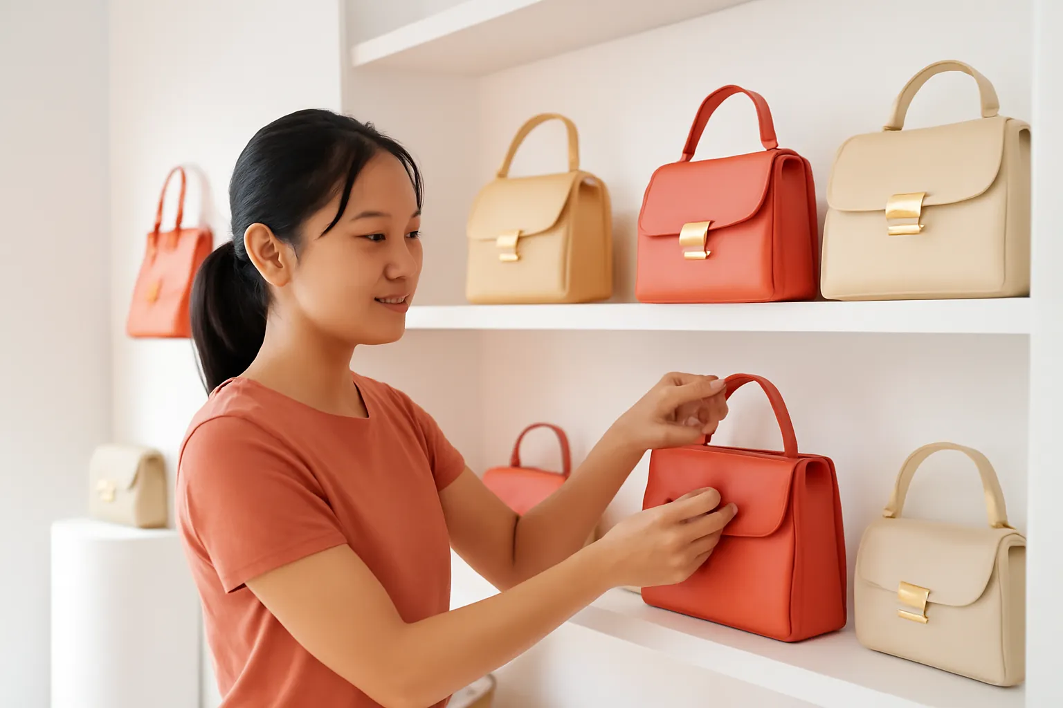 Cô chủ tiệm xếp túi xách lên kệ ngang tầm mắt trong cửa hàng phụ kiện sáng sủa