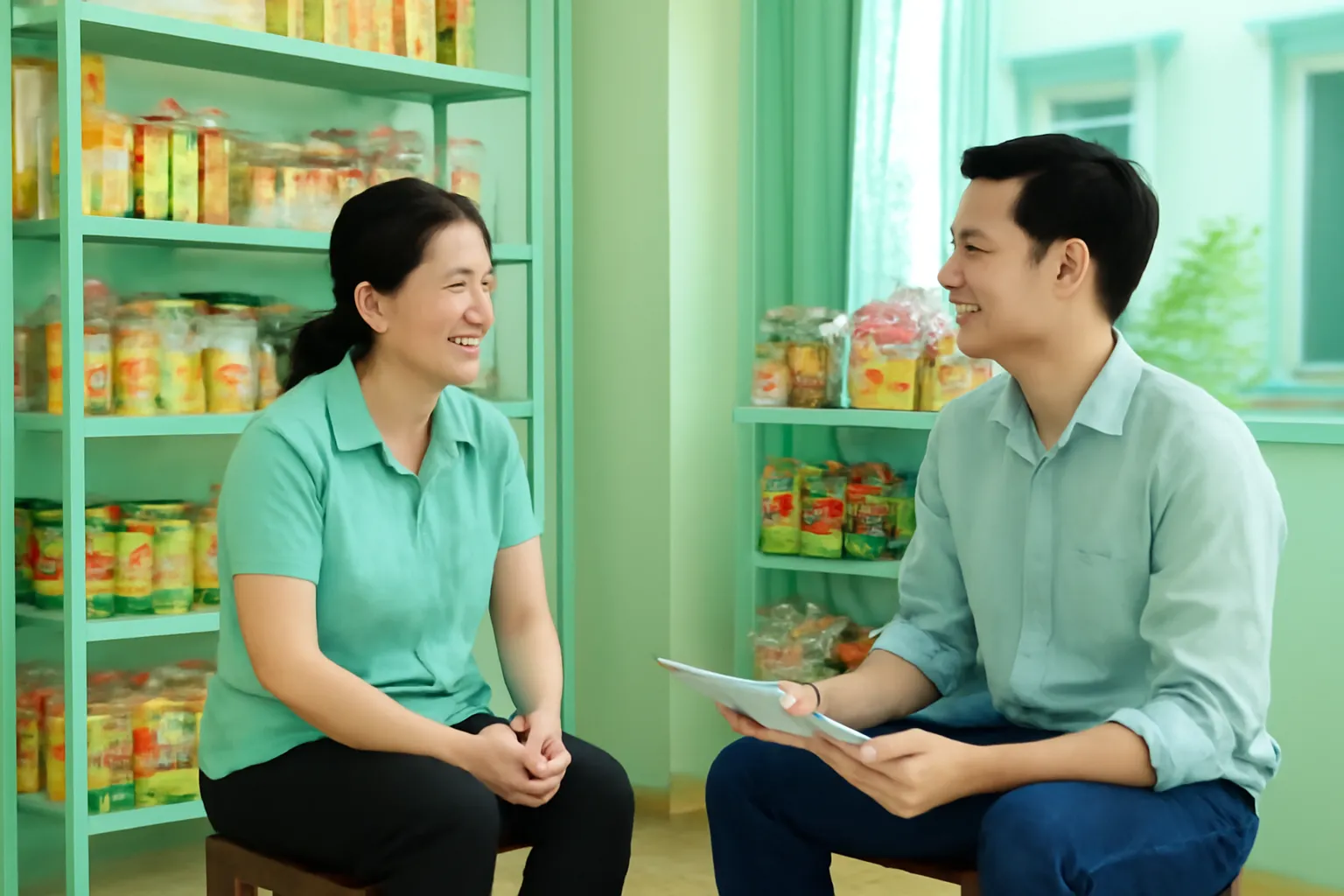 Chủ tiệm và ứng viên trẻ ngồi đối diện trên ghế đẩu cạnh kệ hàng trò chuyện