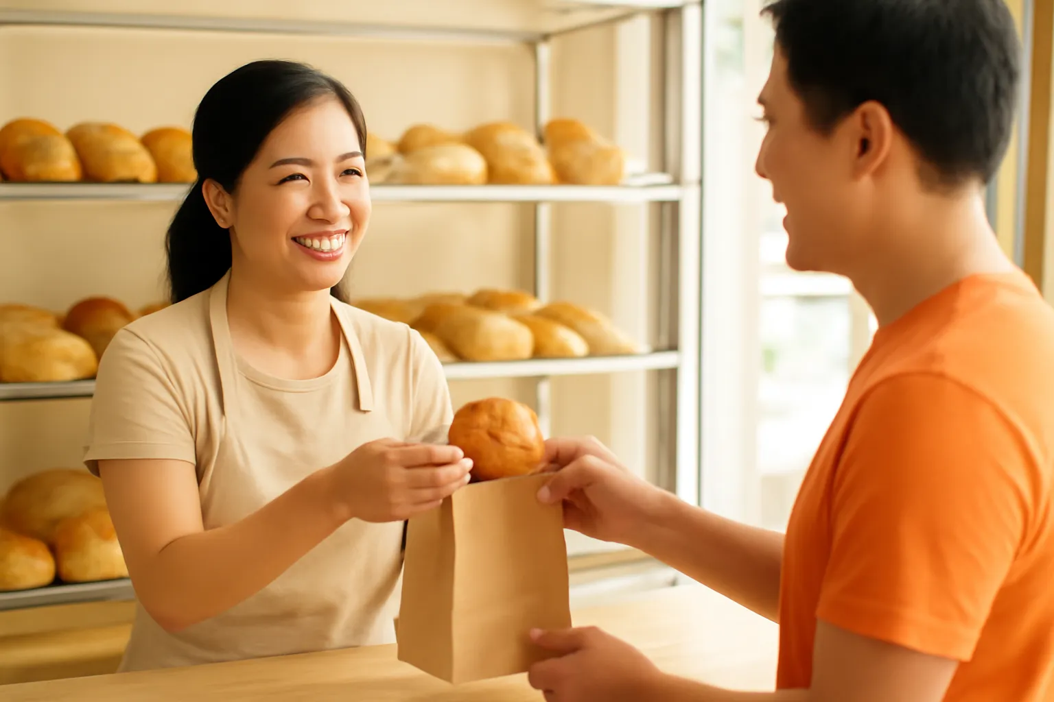 Chủ tiệm bánh gói thêm một chiếc bánh nhỏ vào túi giấy cho khách quen