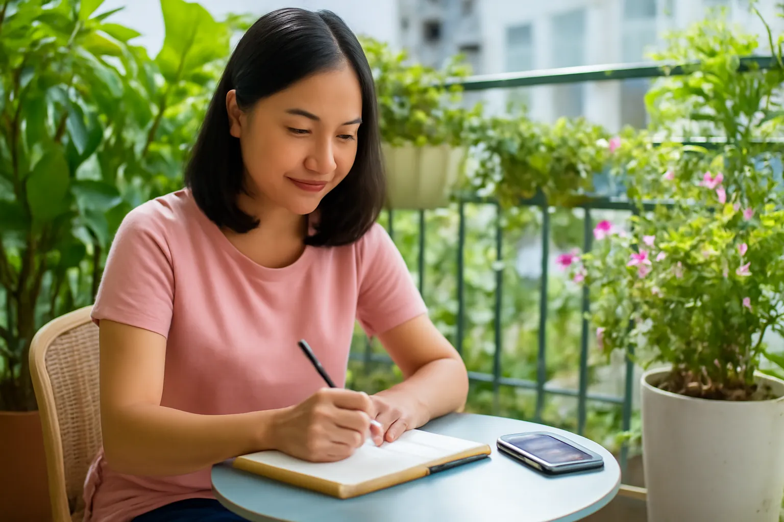 Người phụ nữ ngồi ban công đầy cây xanh viết vào sổ tay, điện thoại úp bên cạnh