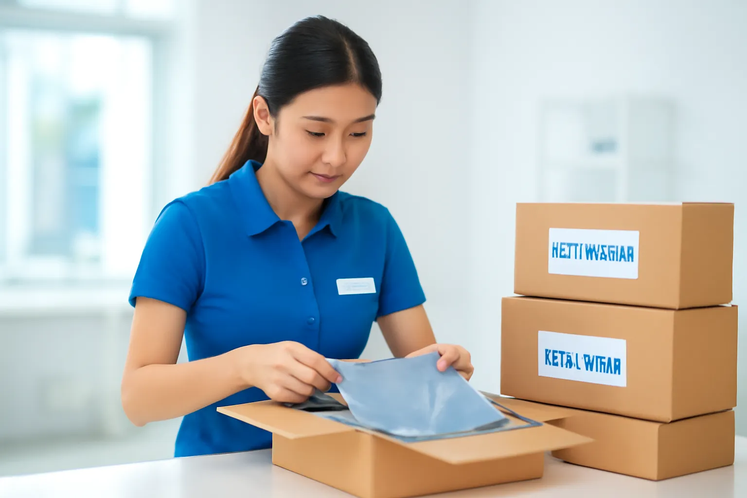 Nhân viên mở hộp hàng hoàn trên bàn kiểm dưới ánh đèn trắng sáng
