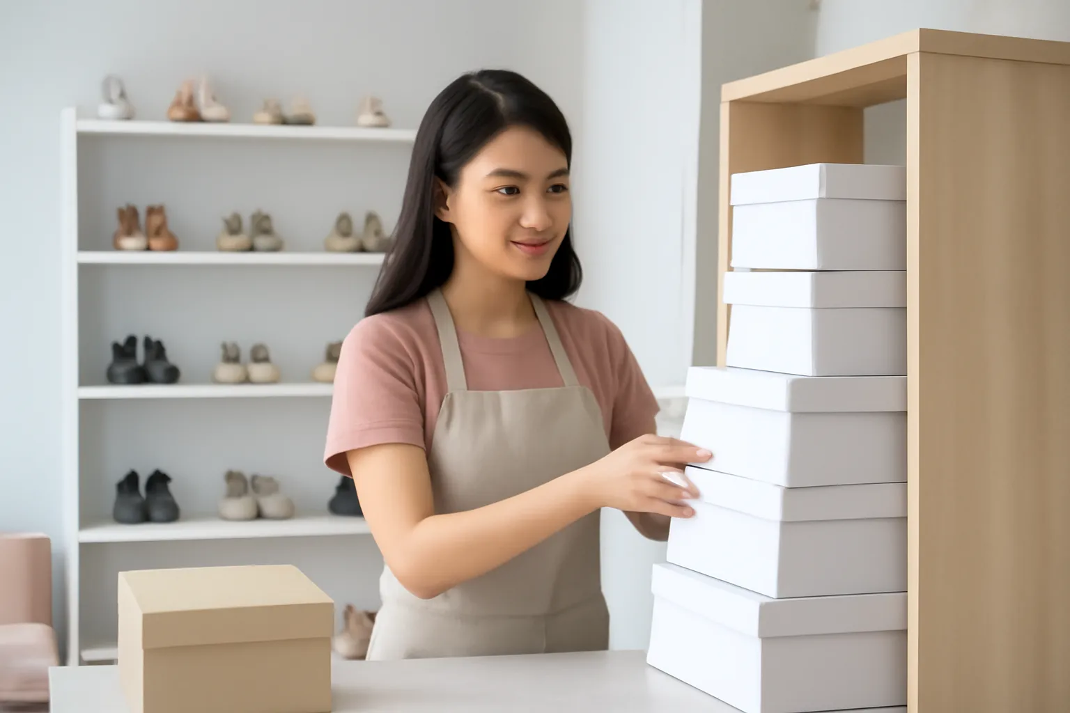 Cô chủ tiệm giày gom những hộp giày tồn vào một góc riêng trong cửa hàng