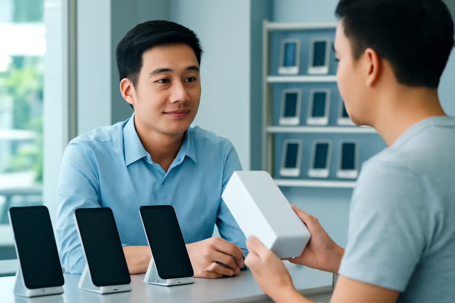 Anh chủ tiệm điện thoại lắng nghe khách đang cầm hộp sản phẩm và gật đầu